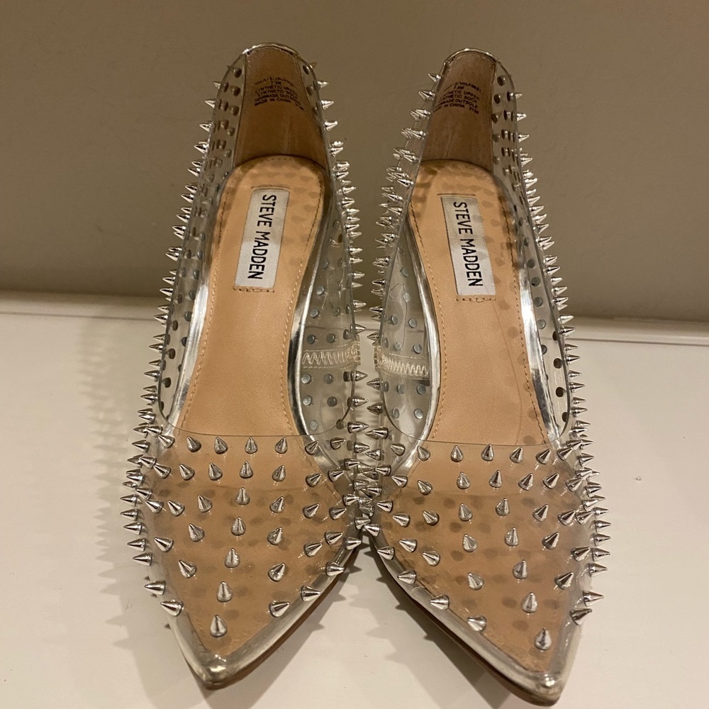 Steve Madden Vala clear Luiza Studded Pointed Toe Pump spike heels size 7
